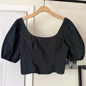 STAUD black cotton square neck puff short sleeve cropped blouse shirt top